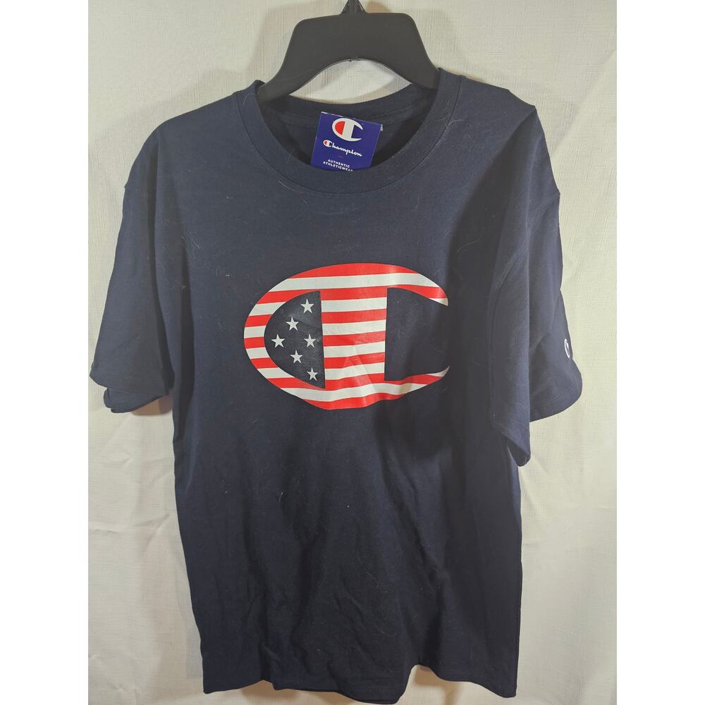 Champion Shirt Womens Medium Blue Cotton Short Sleeve Logo Tee USA Patriotic